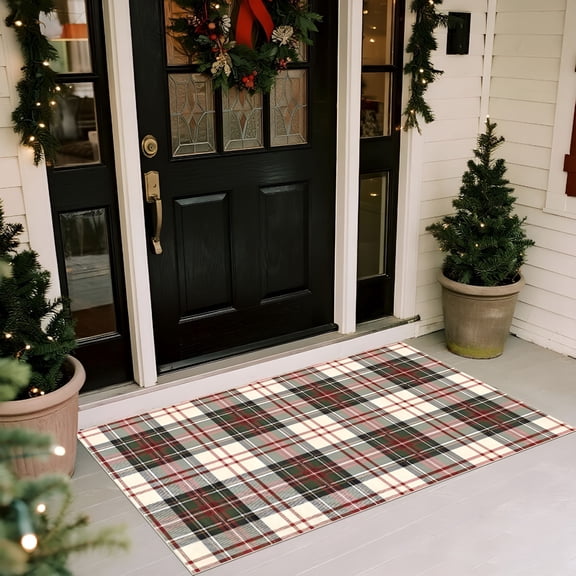 RLESO 2026 New Christmas 3X5 Entry Rug-Small Washable Indoor Outdoor Mats for Front Door Non-Slip Porch Rug Holiday Tartan Plaid Throw Rugs for Living Room Bedroom Entryway Kitchen Office Porch Decor