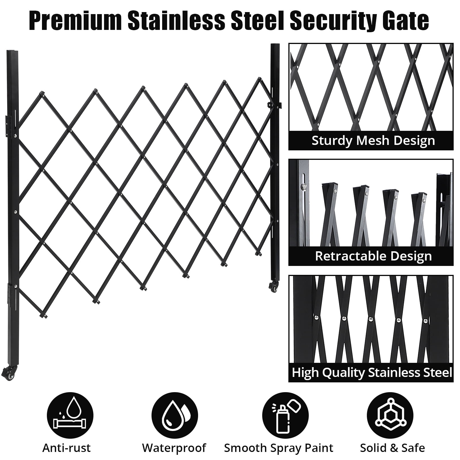 Retractable Double Folding Gate with 360° Rolling Casters - Heavy-Duty Steel Construction for Home and Industrial Security
