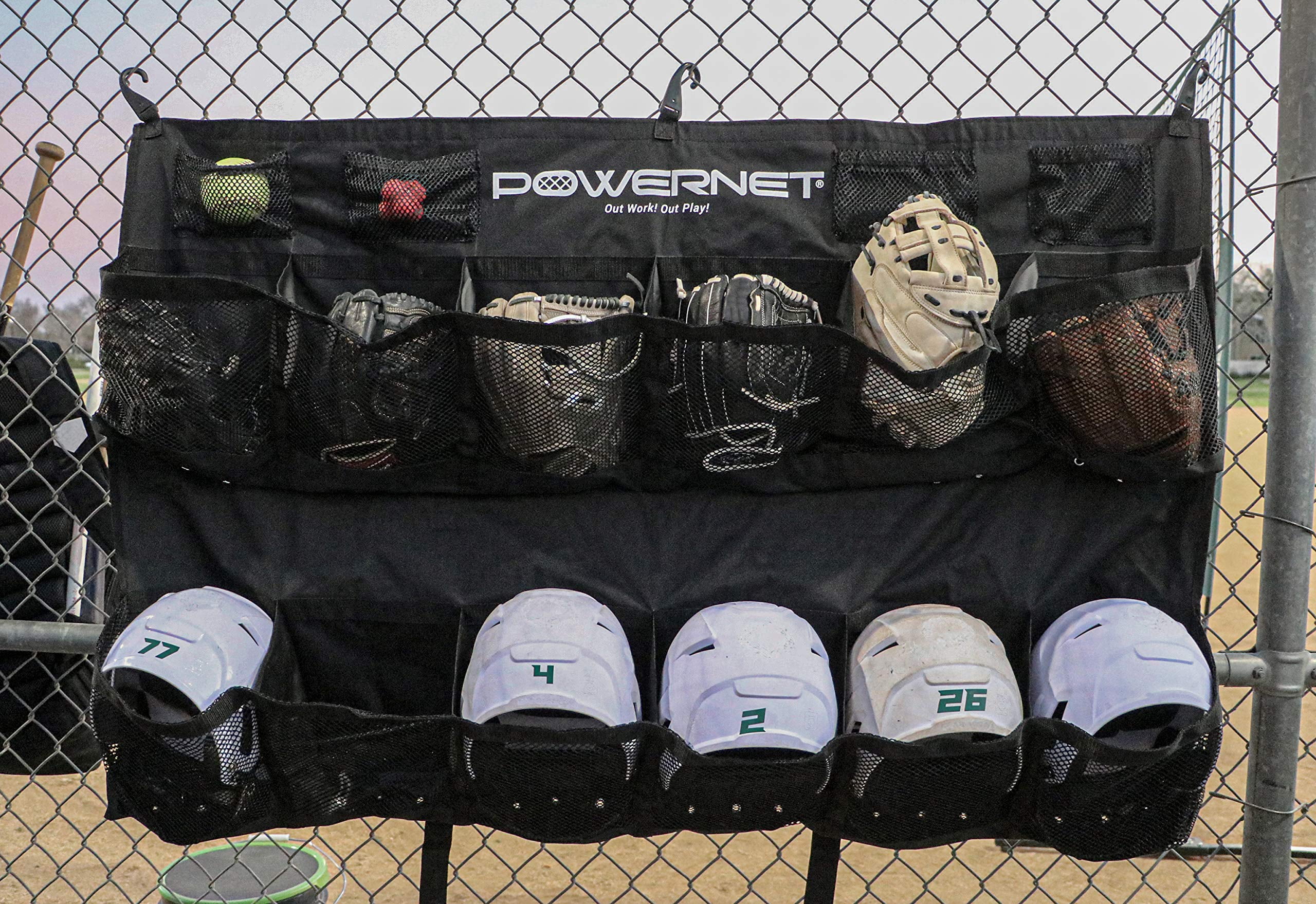 PowerNet Softball & Baseball Helmet Hanging Bag, 12 Pocket Baseball Glove & Helmet Storage Holder & Dugout Organizer, Portable Baseball Gear Training Equipment Holder (Black)