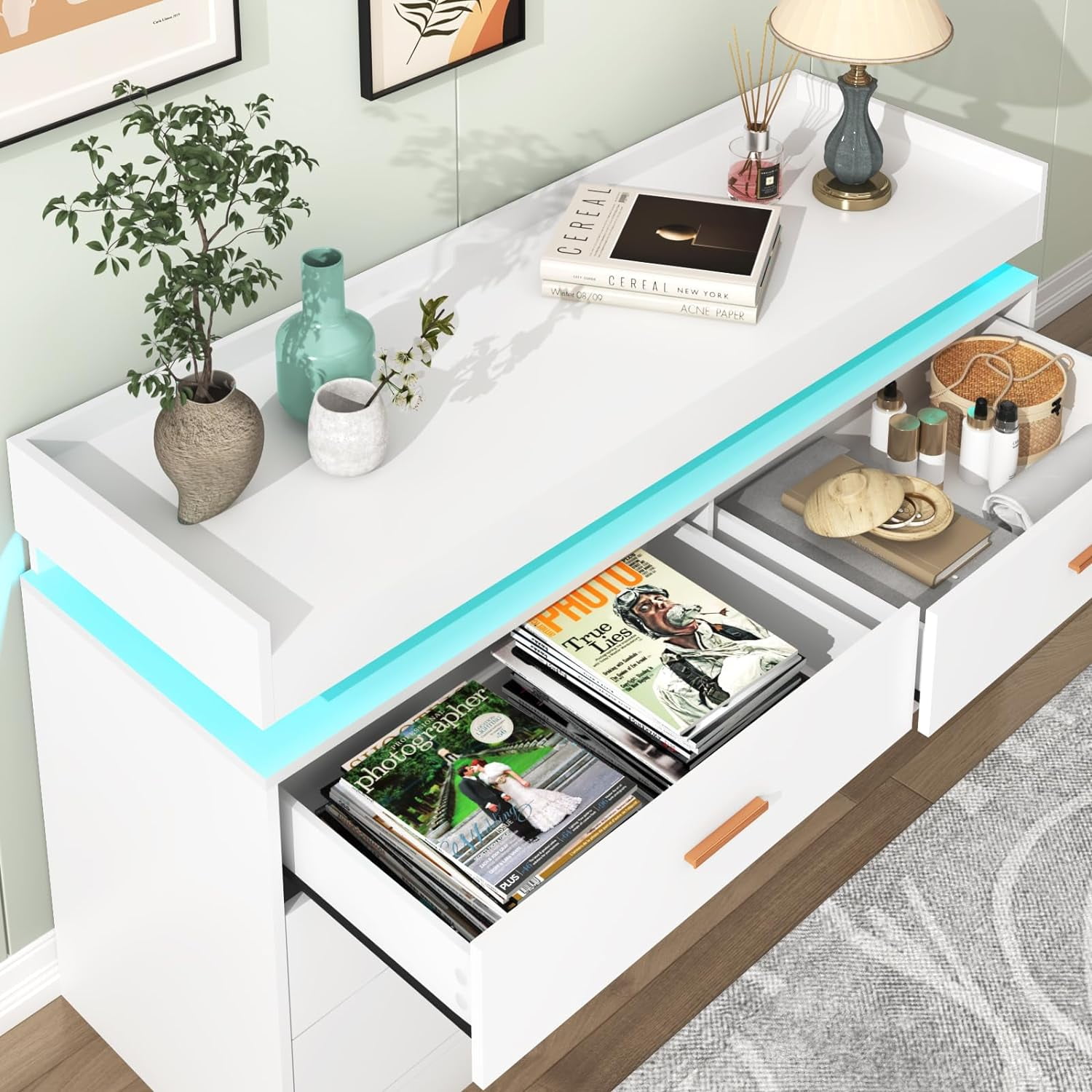ChVans White Dresser with LED Light and Charging Station, Modern Wood Dresser with Wide Drawers and Metal Handles, 6 drawer dresser for Bedroom, Living Room, Entryway, Hallway