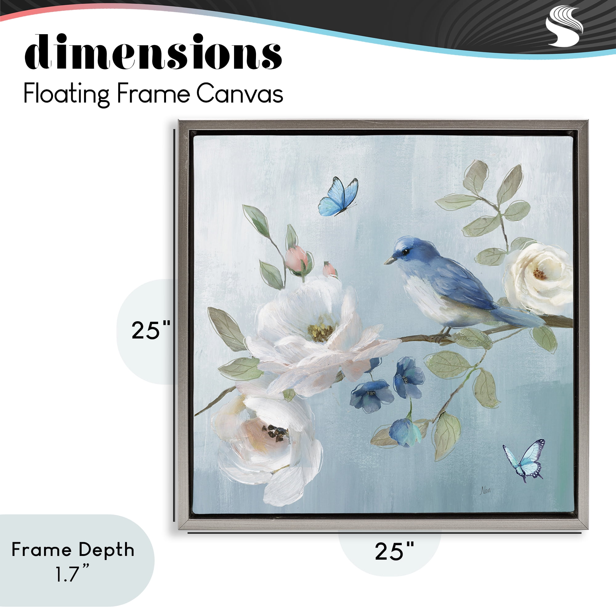 Stupell Industries Pastel Blue Bird Blooms Gray Framed Floater Canvas Wall Art, design by Nan