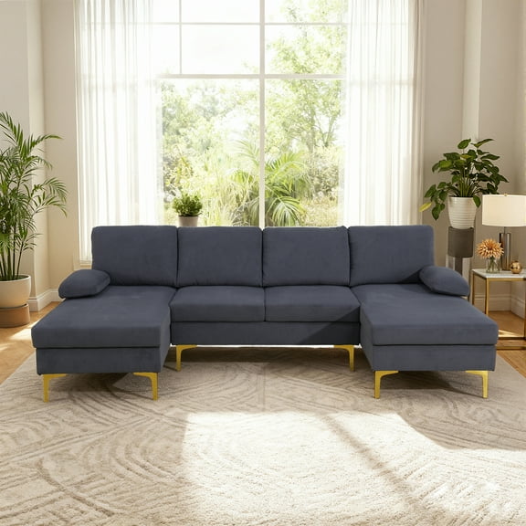 MAYEERTY 99.5" U-Shaped Modular Sofa, Flannel Sectional Couch Sofa Set, Deep Grey