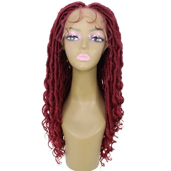 LUXLUXE Andrea 25 in Curly Long 4X4 Hand Tied Lace Braid Braided Wig, BURGUNDY