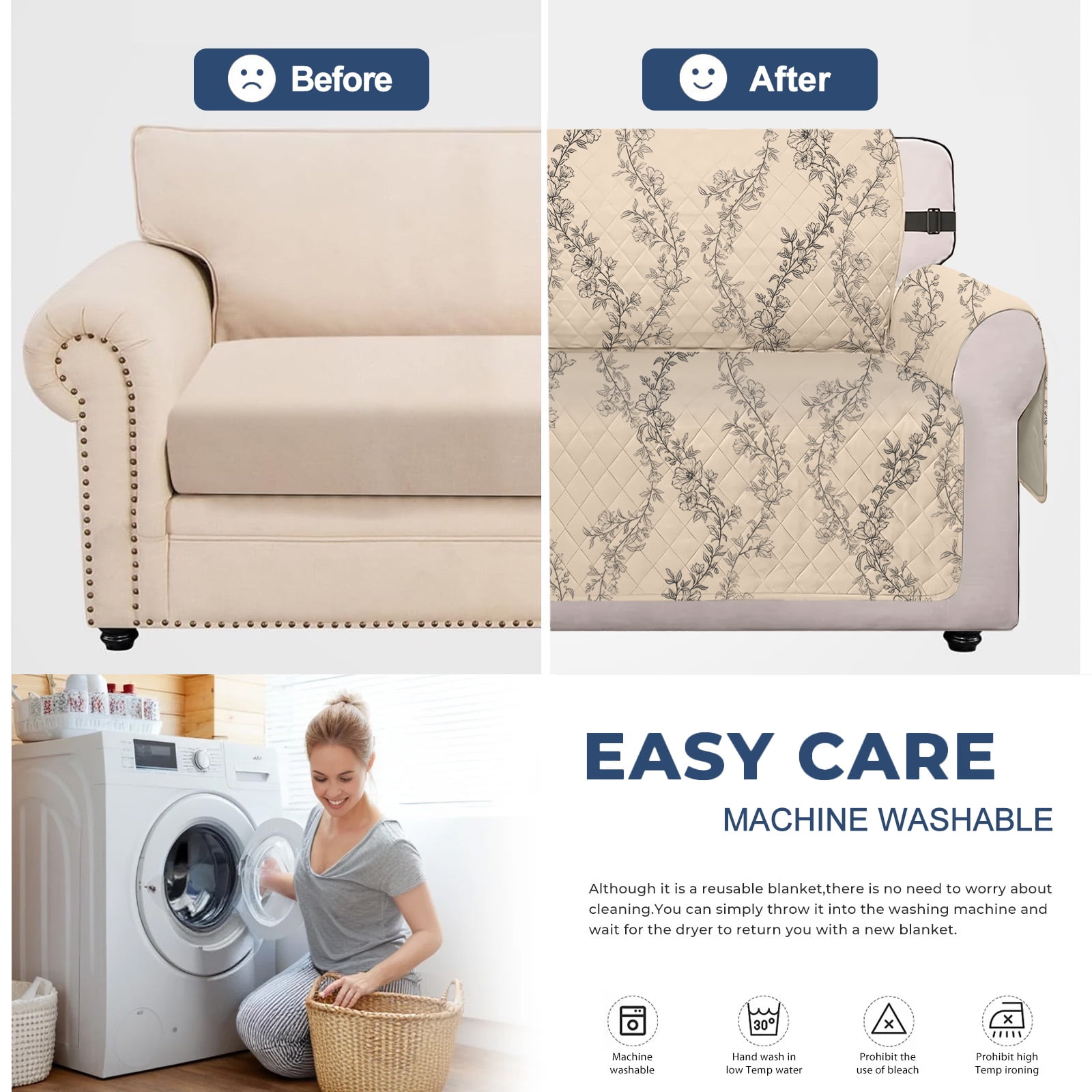 Sanmadrola Waterproof Sofa Cover Slipcover Couch Cover Furniture Protector Machine Washable Non Slip Leakproof with Straps for Dogs Kids Pets Ivory vines Sofa