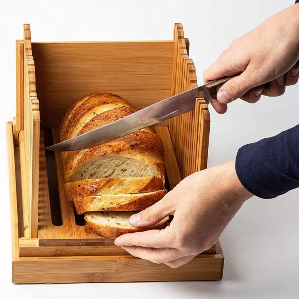 Hzzsbu Bamboo Bread Slicer Compact Foldable with Cutting Board for Homemade Bread