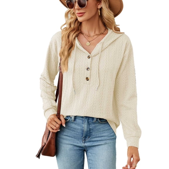 VEKDONE Junior Sweatshirts Clearance Women Knitted Long Sleeve Hoodies Button Down V Neck Casual Sweatshirt Pullover Blouse Beige,S