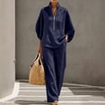 thumbnail image 2 of 2 Piece Outfit for Women Stand Collar Half Zip 3/4 Batwing Sleeve Blouse Matching Wide Leg Pants Solid Linen Look Casual Travel Suit for Spring Summer Vacation Daily Wear, 2 of 5