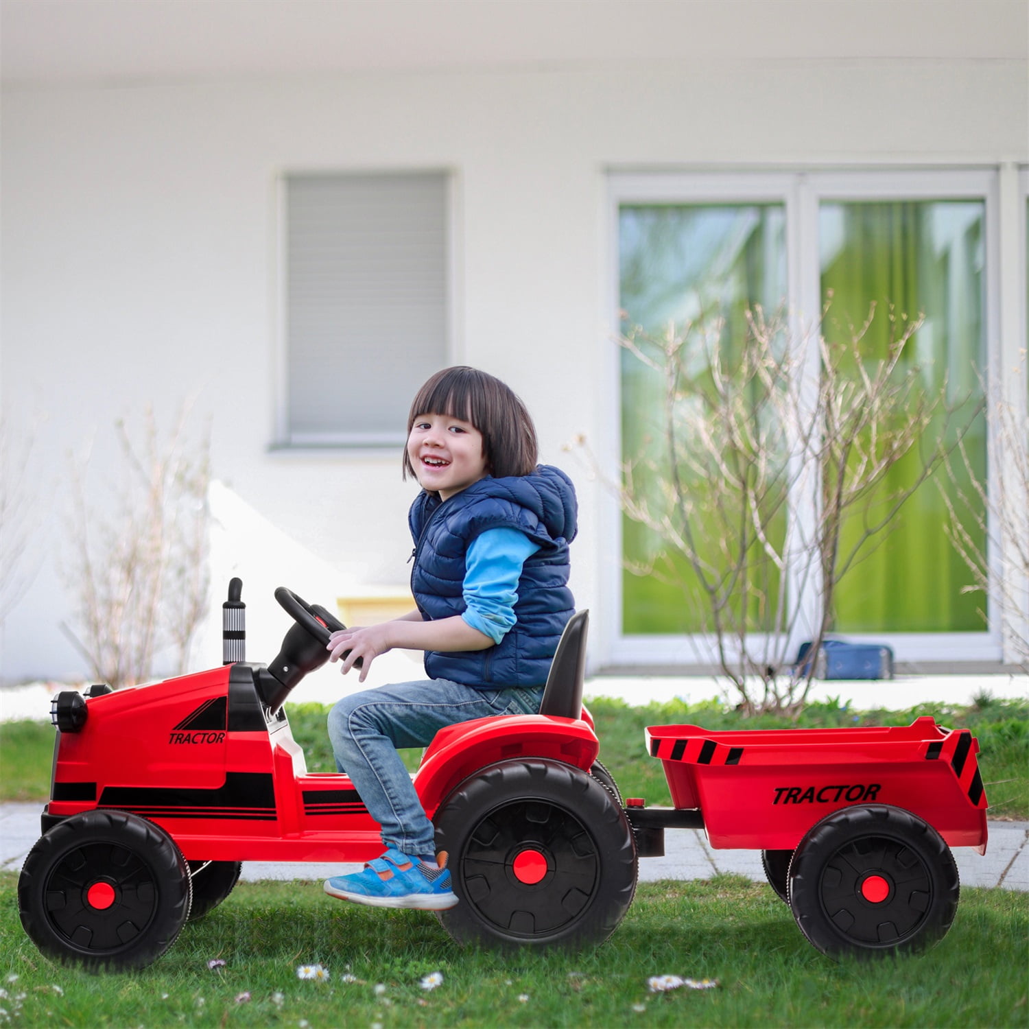 Lowestbest Ride on Toys Tractor with Trailer, 3-Gear-Shift Ground Loader for Kid, Red Lowestbest Ride on Toys Tractor with Trailer, 3-Gear-Shift Ground Loader for Kid, Red