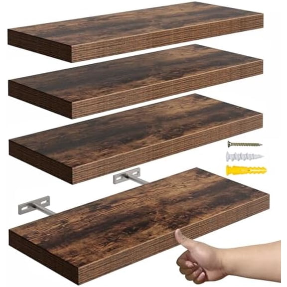16’’Rustic Brown Floating Shelves for Wall Set of 4,Rustic Wood Shelf for Room Decor/Storage/Display,Small Bookshelf,Wall Mounted Hanging Shelves for Bedroom, Bathroom, Living Room, Kitchen