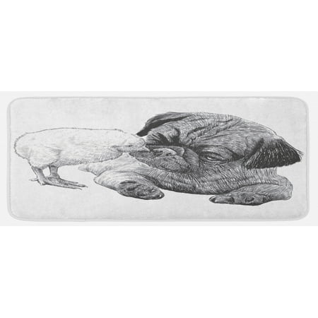 

Pug Kitchen Mat Picture of a Pug and Little Chick Drawn by Hand Love Affection Between Animals Plush Decorative Kitchen Mat with Non Slip Backing 47 X 19 Charcoal Grey White by Ambesonne