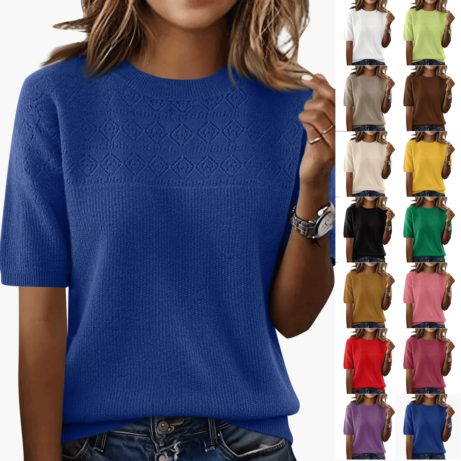 Short Sleeve Sweater Women Knit Lightweight Cozy Soft Crew Neck Shirts Work Business Casual Tops Blue L