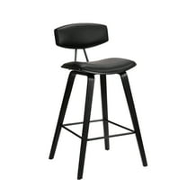 Armen Living Fox 28.5" Seat Height Black Faux Leather and Black Wood Mid-Century Modern Bar Stool
