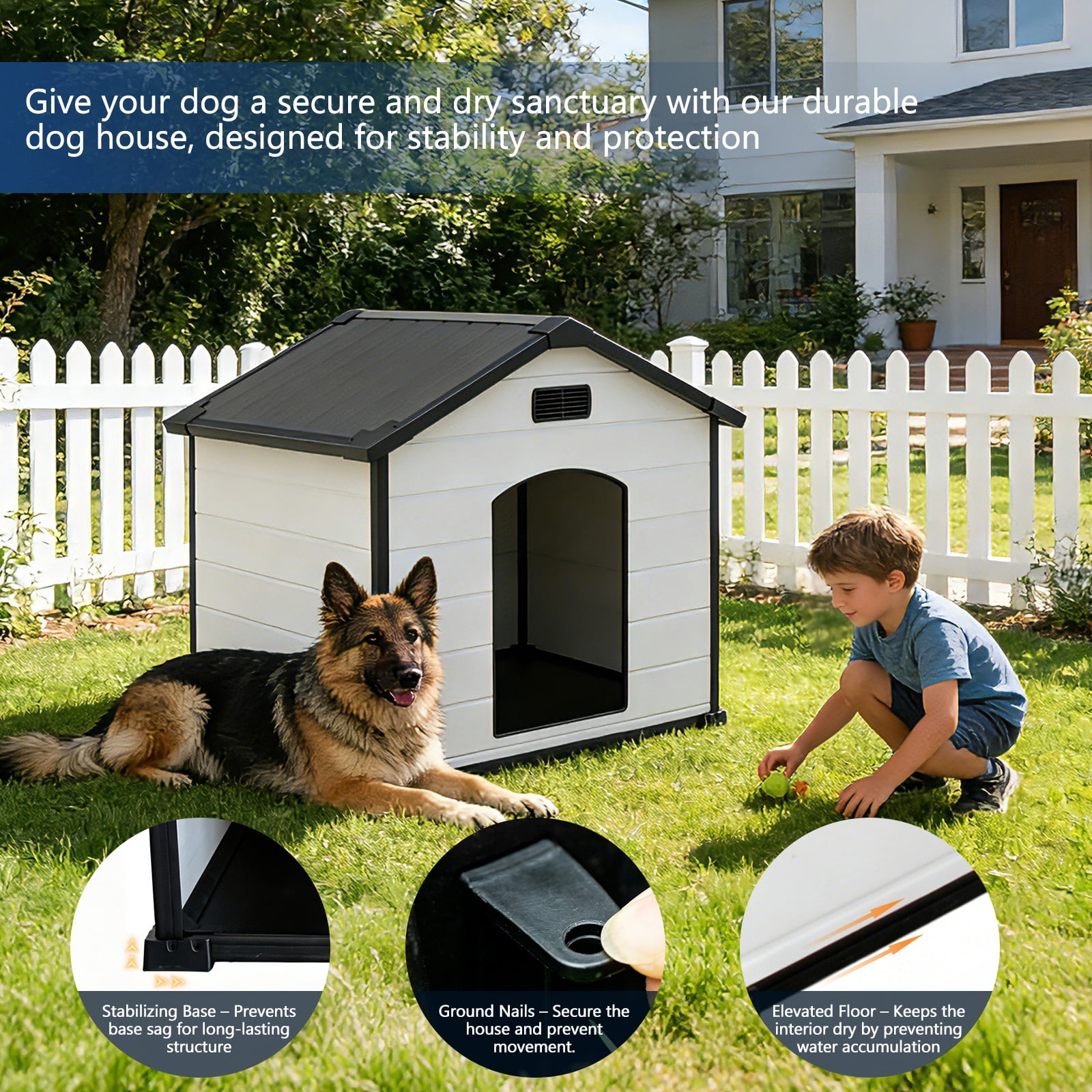 Garvee 46" Extra Large Dog House for Outdoor & Indoor, Waterproof Pet Kennel Shelter with Elevated Floor & Air Vents