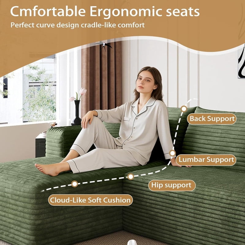 94" Modular Sectional Sofa, Modern Corduroy Cloud Couch with Side Pockets, Boneless Couch Upholstered 3-Seater L-Shaped Sofa for Living Room, Left Facing Chaise