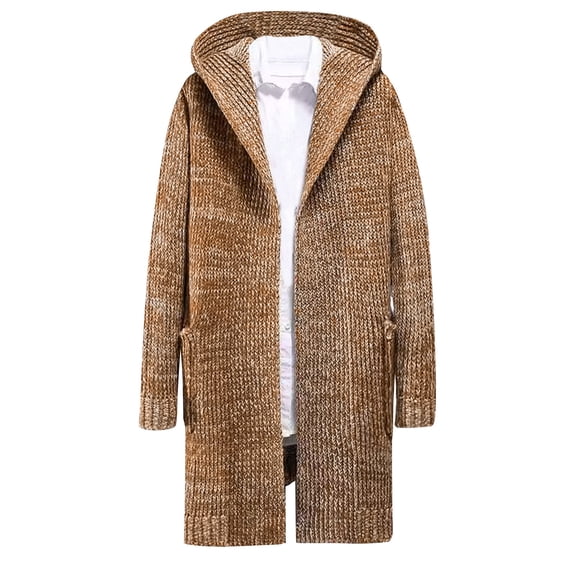 Men's Warm Hooded Cardigan Sweaters Plus Size Mid-length Knitted Outerwear Coat 2024 Long Sleeve Sweater Jacket with Pockets