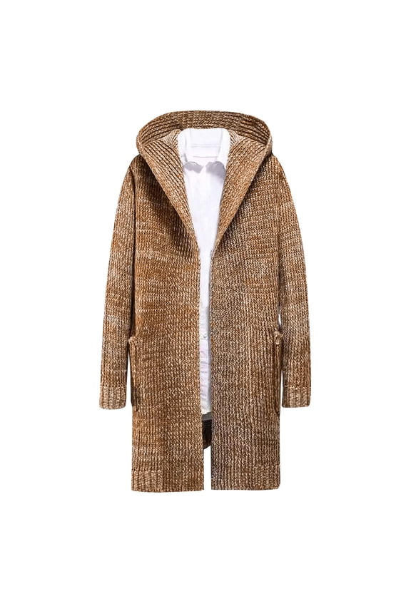 qolati Men's Long Cardigan Sweater with Hood Casual Open Front Long Sleeve Cardigans Fall Winter Warm Sweaters with Pockets