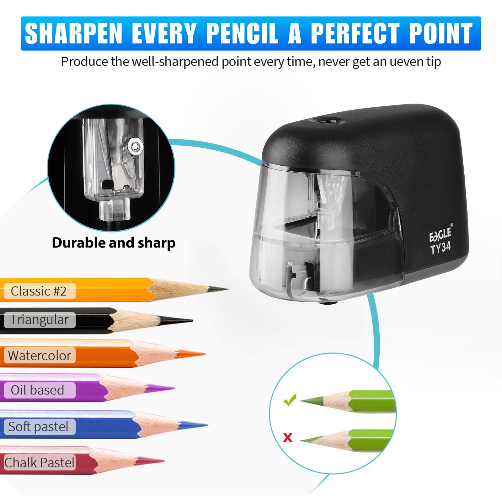 Electric Pencil Sharpener, Auto Stop Pencil Sharpener for Colored Pencils,  Sharp & Fast, for 6-12mm Pencils, Pencil Sharpener Electric Plug in, Strong  Helical Blade, Ideal for Home, Classroom (White) - Yahoo Shopping