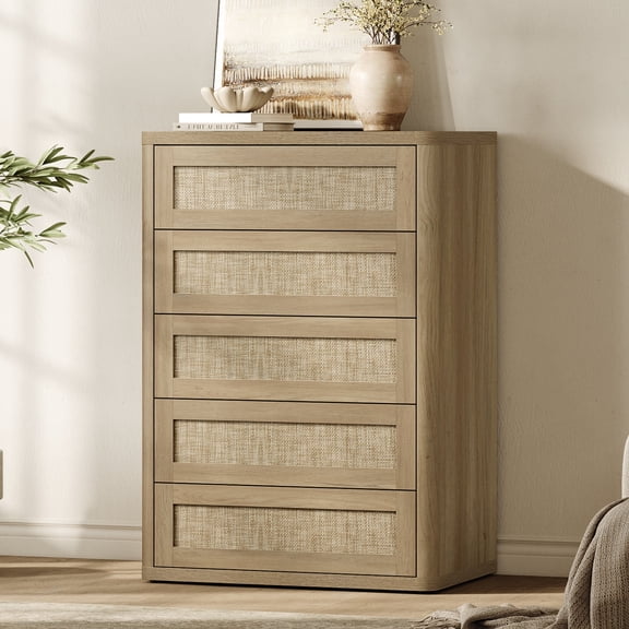 SICOTAS 5-Drawer Rattan Dresser, 40.5" Tall Boho Chest of Drawer with Slide Rails, Curved Edge Wood Dresser, Modular Storage Cabinet for Bedroom/Living Room/Hallway, Natural Oak