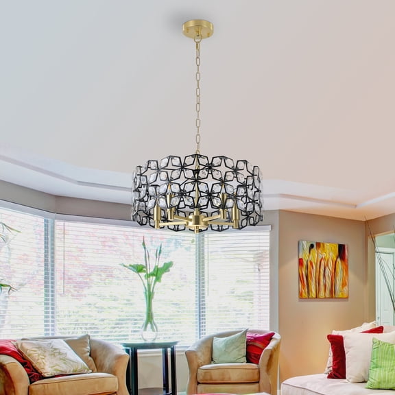Full Size Living Room Lamp, 19" Geometric Crystal and BlackGold Round Pendant Chandelier - Modern 5-Light Fixture for Dining Room, Living Room, or Kitchen (Bulb Not Included), Living Room Light