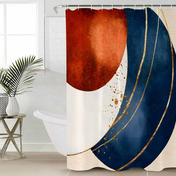 Navy Blue Burnt Orange Waterproof Fabric Shower Curtain, Modern Boho Art Geometric Shower Curtain for Bathroom Curtains Bathtubs Hotel Washable Shower Curtains with 12 Hooks Stall 48x72in