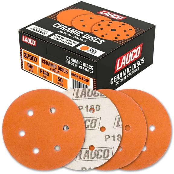 50 PCS 6 Inch 6 Hole Ceramic Sanding Discs P180 Grit, Hook and Loop Orbital Sandpaper, Heavy Duty Sandpaper for Wood, Metal, Automotive, Paint Removal