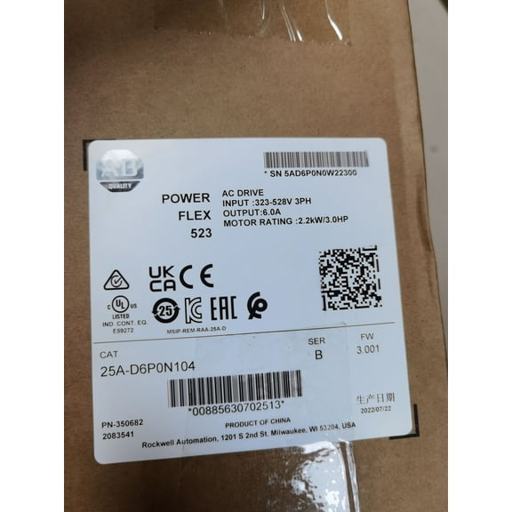 New PowerFlex 523 2.2kW 3Hp AC Drive 25A-D6P0N104