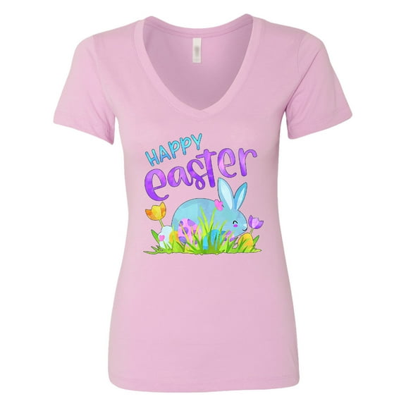 Inktastic Happy Easter Blue Bunny and Eggs in Grass Women's V-Neck T-Shirt