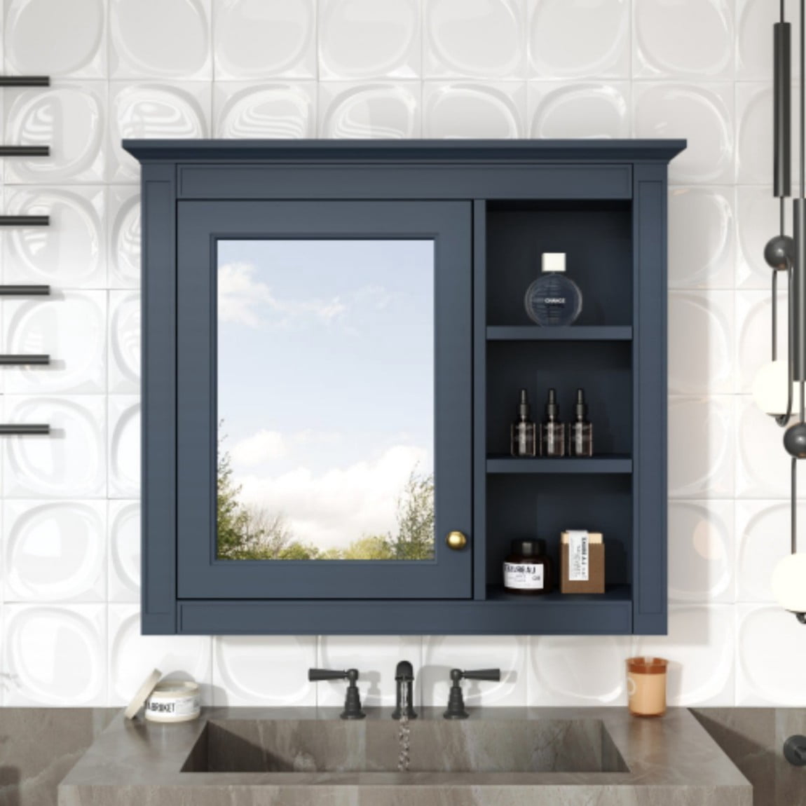 30"x 28" Wall Mounted Bathroom Medicine Cabinet with Mirror, Bathroom Storage Cabinet with Adjustable Shelf & 3 Open Shelves, Modern MDF Mirror Cabinet, Navy Blue
