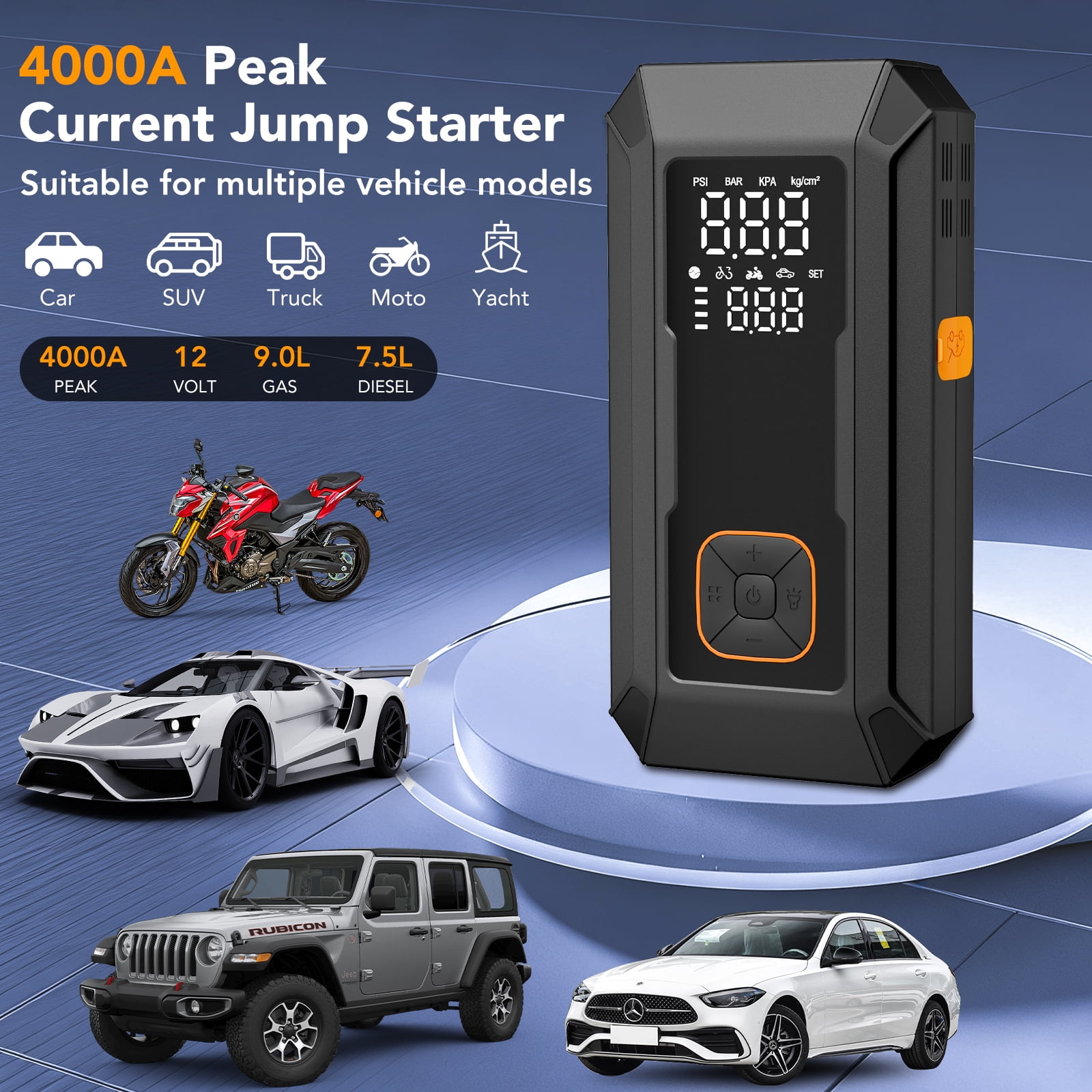 KT1  Car Jump Starter with Air Compressor, 150 PSI, 15000MAH Power Bank, 4000A Jump Starter, Fast Inflation for Car Tires, Bikes, SUV, Trucks & More - Portable Air Compressor with LED Light