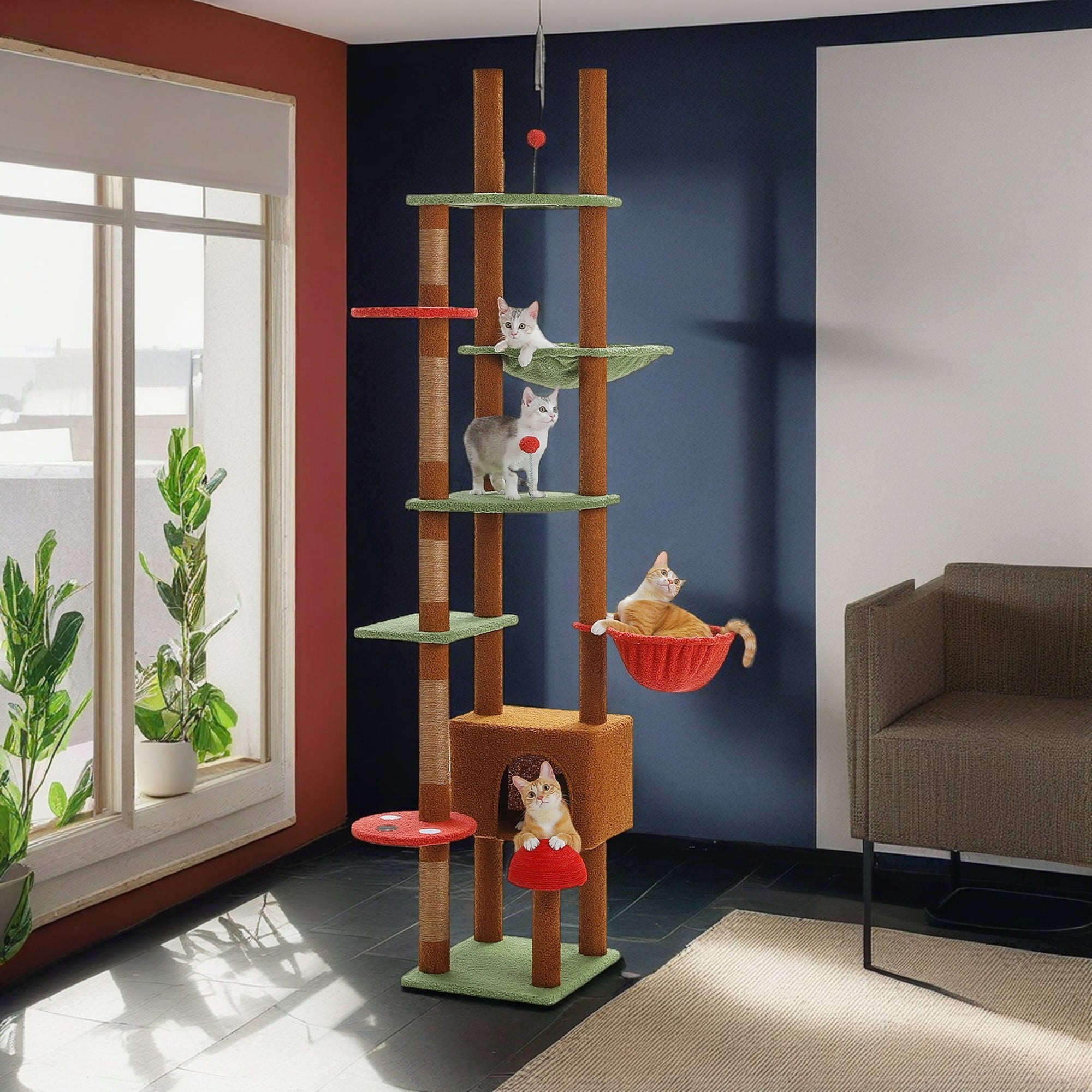 Kadyn Floor to Ceiling Tall Cat Tree Tower Adjustable (90.5"-100.4") with Cat Condo, Cat Hammock and Scratching Post, Cat Climbing Tree for Indoor Large Cats, Brown