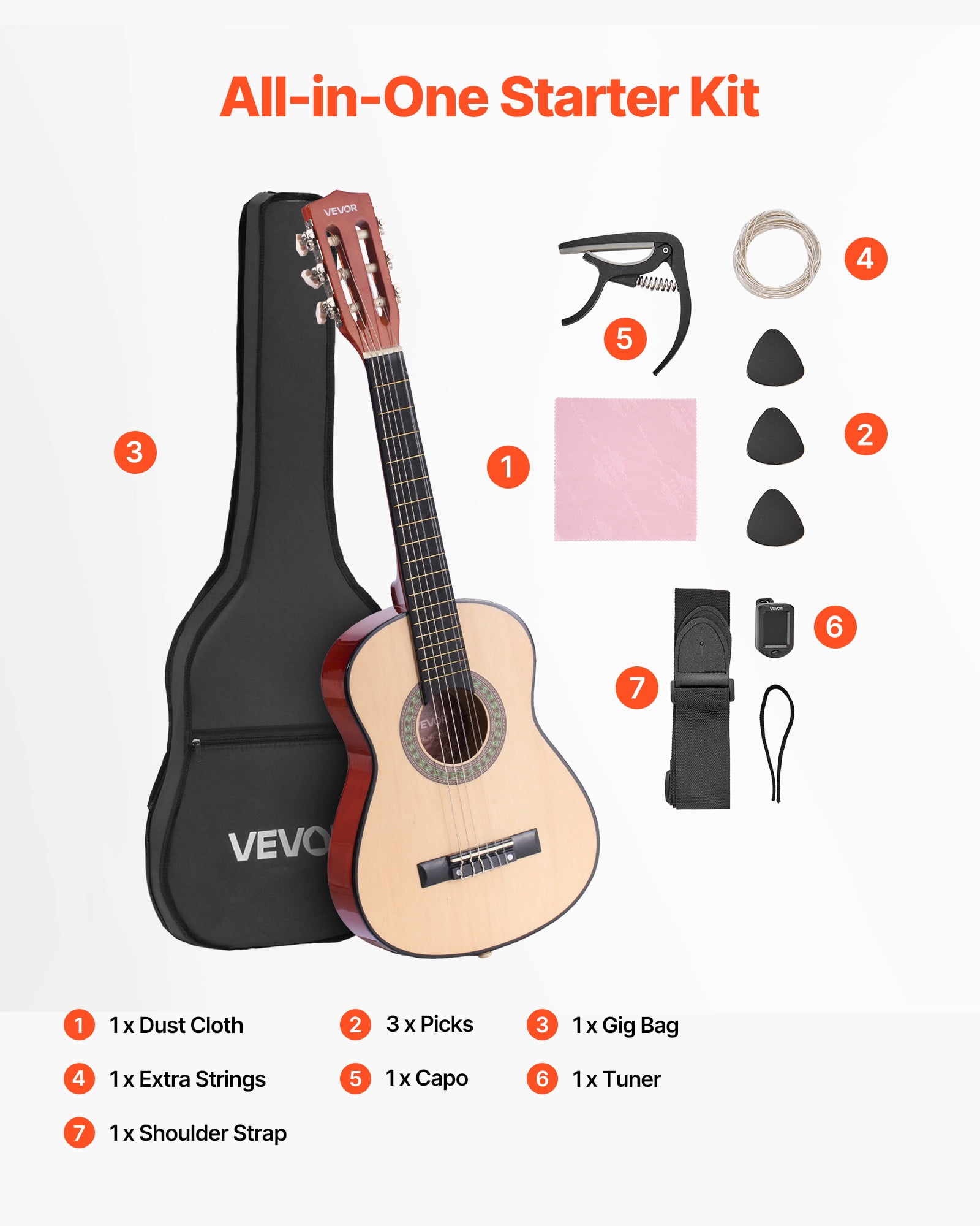 VEVOR 30in Classical Guitar,Wood Guitar Starter Kit for Beginners, with Nylon Strings, Gig Bag, Strap, Tuner, Extra Strings, Picks, Capo, Basswood,for Kids Girls Boys Students, Natural