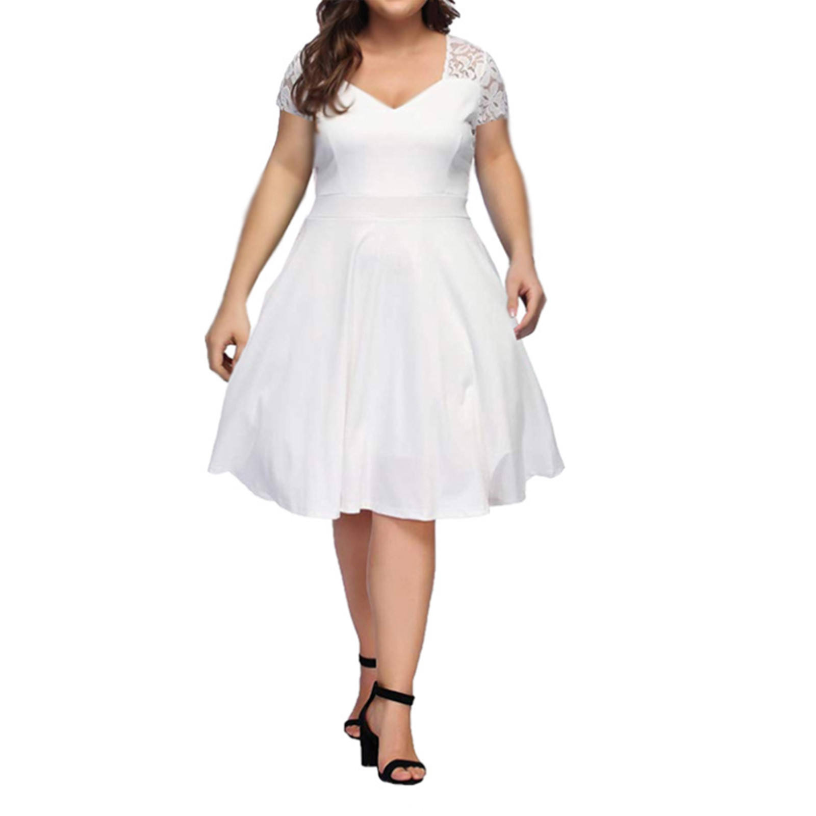 Jamicy White Dress Summer V-Neck Lace Short Sleeve Slim Fat Girl Women's Dress Clearance, Size: XL