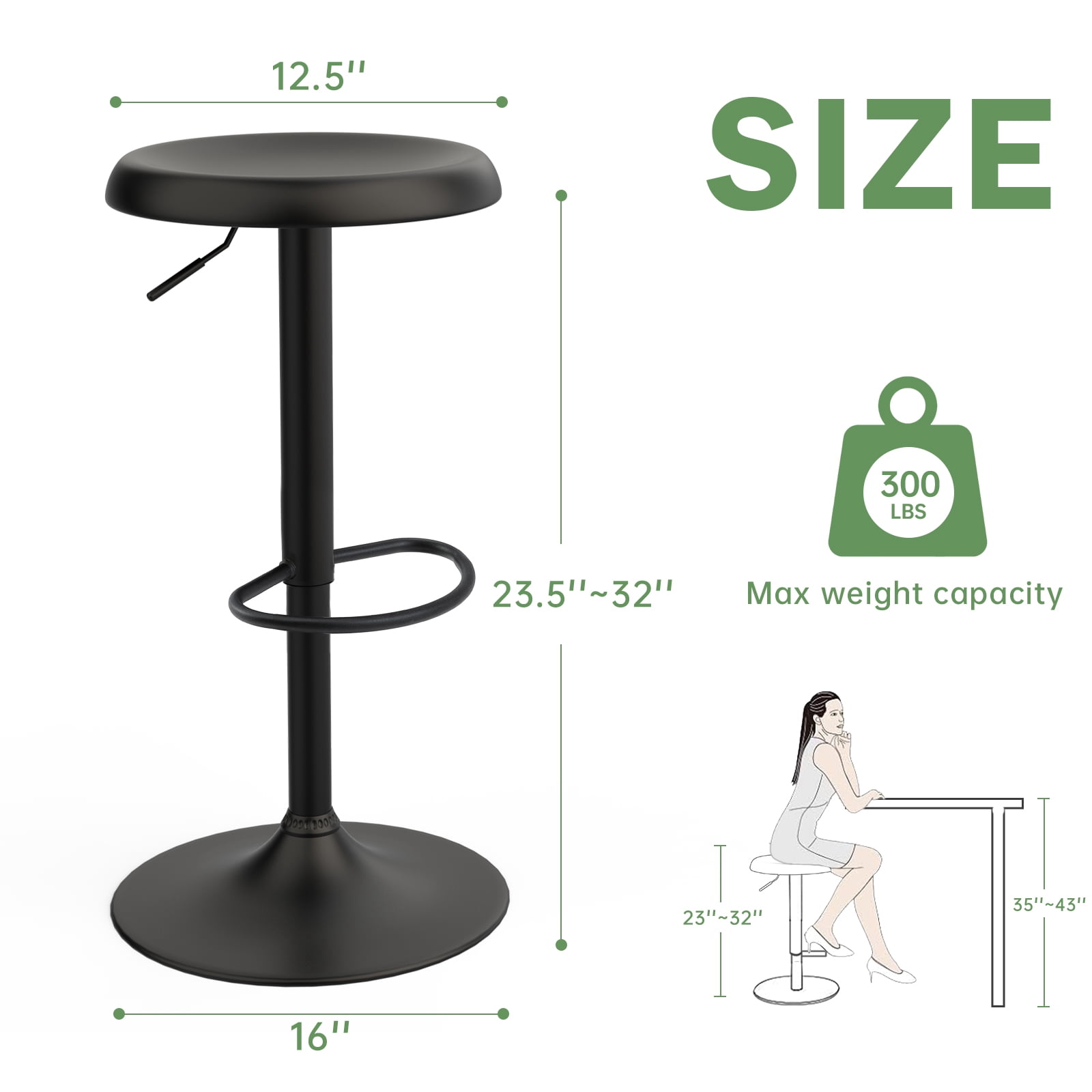 Metal Bar Stools, Counter Height Adjustable Barstools, Backless 360° Swivel Kitchen Stools for Island, Dining, Bistro, Pub (Black)