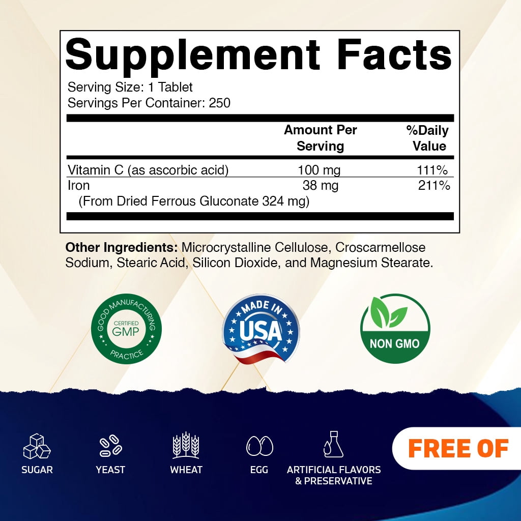 (3 pack) Vitamatic Ferrous Gluconate 324 mg + Vitamin C 100 mg - (65 mg Elemental Iron) High Potency Iron Supplement - No Artificial Color Additives - Gentle on Stomach - 250 Tablets - Made in USA
