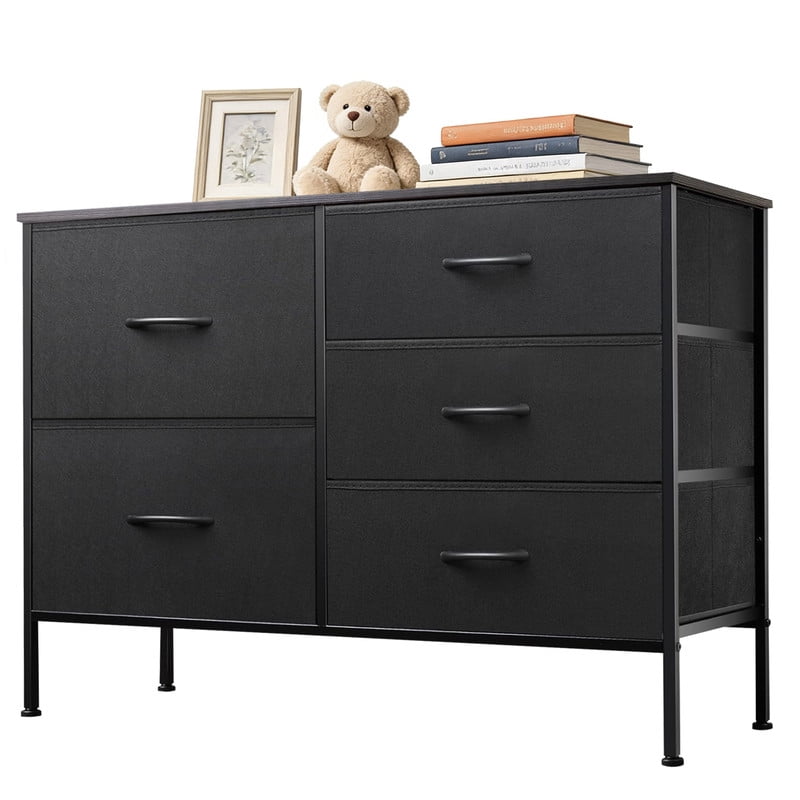 Simenmax 5-Drawer Fabric TV Stand, 39.4-Inch Entertainment Center with Wood Top & Sturdy Metal Frame, Storage Dresser for Bedroom, Living Room, Hallway, Black