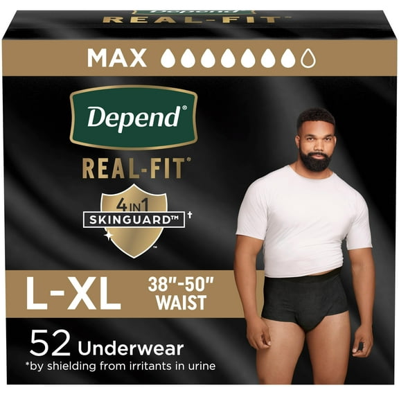 Depend Real Fit Incontinence Underwear for Men, Disposable, Maximum Absorbency, Large/Extra Large, Black, 52 Count (2 packs of 26), Packaging May Vary