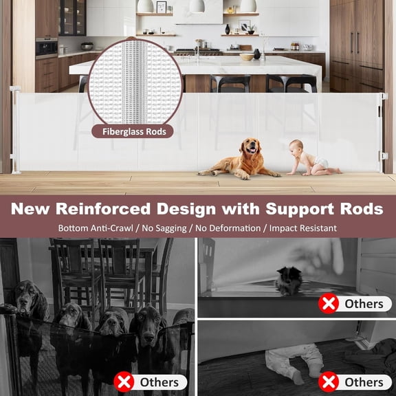 Reinforced 41 Inch  Tall Pet Gate 150 Inch Wide Retractable  Gate with Support Rods for Large Openings Indoor Outdoor
