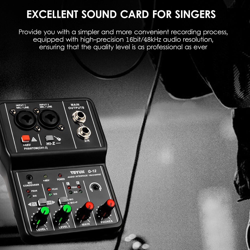 Audio Interface Professional Recording Sound Card 16bit/48kHz Mini USB Audio Interface Sound Card 2-In & 2-Out with 48V Phantom Power USB-B Cable Studio Recording Equipment for Music Recording