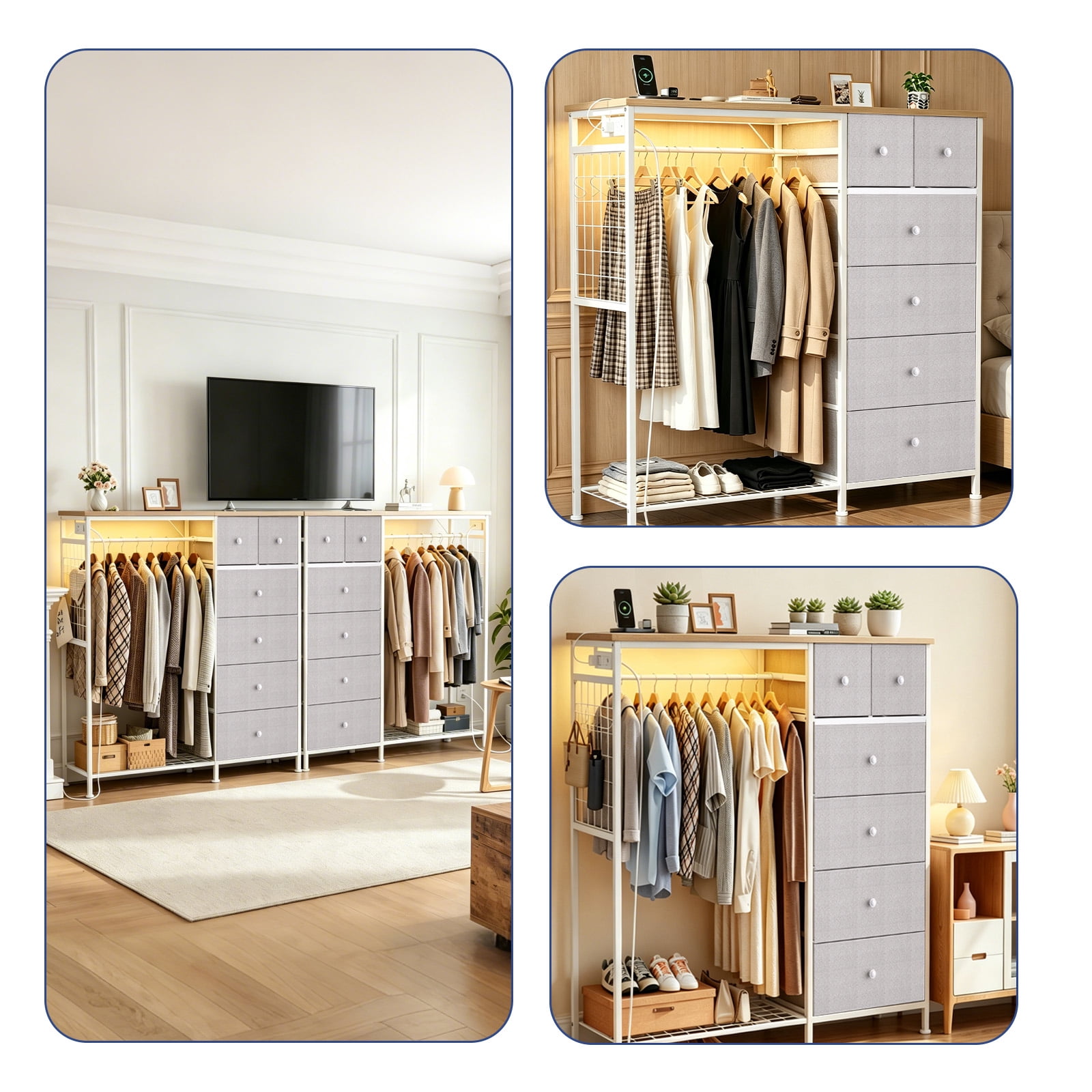 CONCETTA Dresser for Bedroom with Hanging Rack 6 Drawers Dresser, LED Lights & Charging Station, Wooden Top, Grid Panel, Light Gray