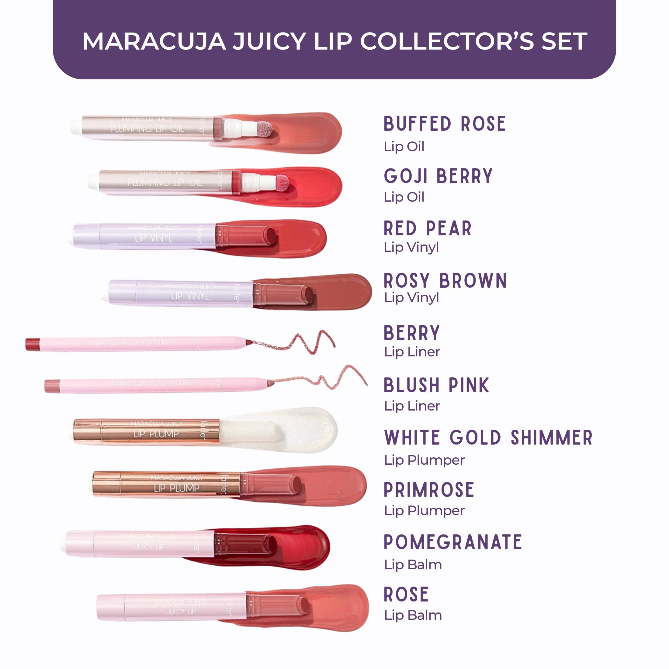 Tarte Maracuja Juicy Lip Collector's Set, 10-Piece Hydrating Maracuja Lip Balm, Vinyl, Liner, Gloss, Plumper, Beauty Gift for Women