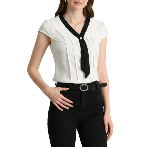 Allegra K Women's Pleated Front  V Tie Neck Cap Sleeve Work Office Tops