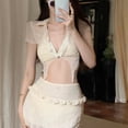 thumbnail image 3 of Women's Cover Up with Skirt Solid short Sleeve Swimwear Holiday Style Lace Lace Up Bikinis Set Sexy Three Piece Set Bathing Suit Bikini Summer Swimsuit BEIGE M, 3 of 8