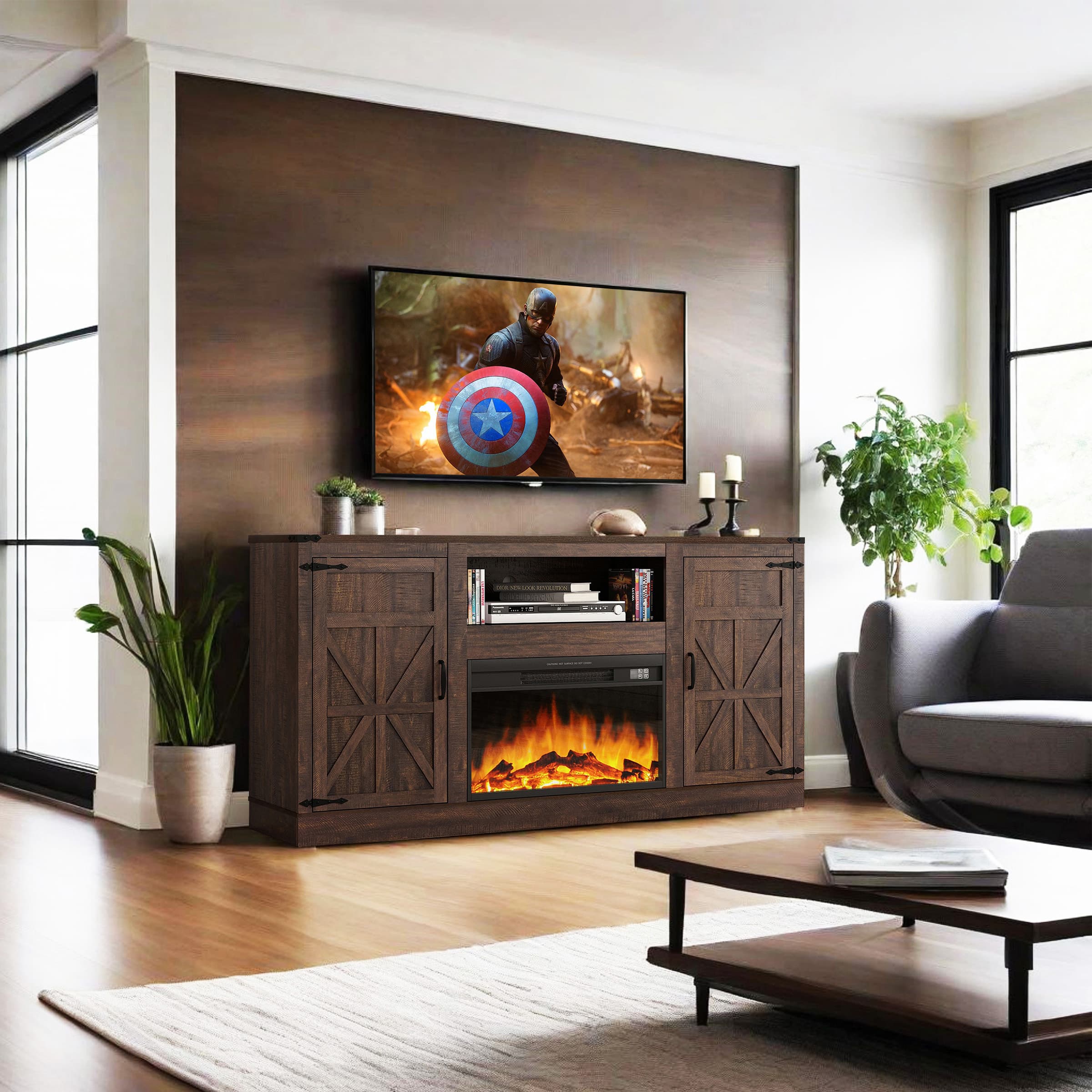 Blotout Farmhouse Fireplace TV Stand for TVs up to up 75" TVs, 66" Entertainment Center with with 26" Electric Fireplace & Adjustable Shelves for Living Room Bedroom