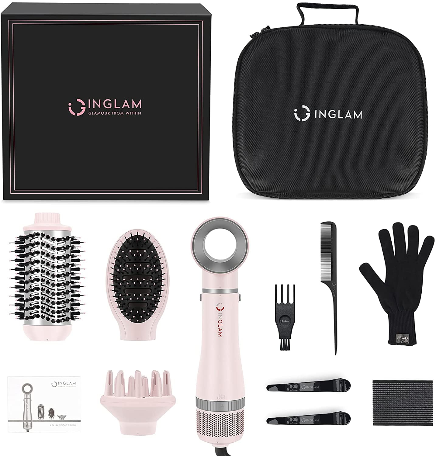 IG INGLAM 4 in 1 Blowout Brush, Negative Ion Detachable Hair Dryer & Styler Volumizer Hot Air Brush with 2 Styling Brush Heads, Gray