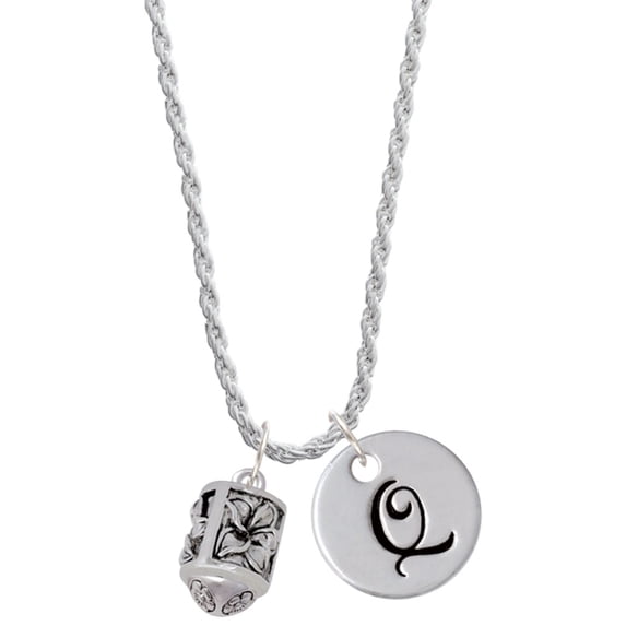 Delight Jewelry Silvertone Antiqued Plumeria Flowers Spinner Silvertone Script Initial Disc - Q - Charm Necklace, 20"+3"