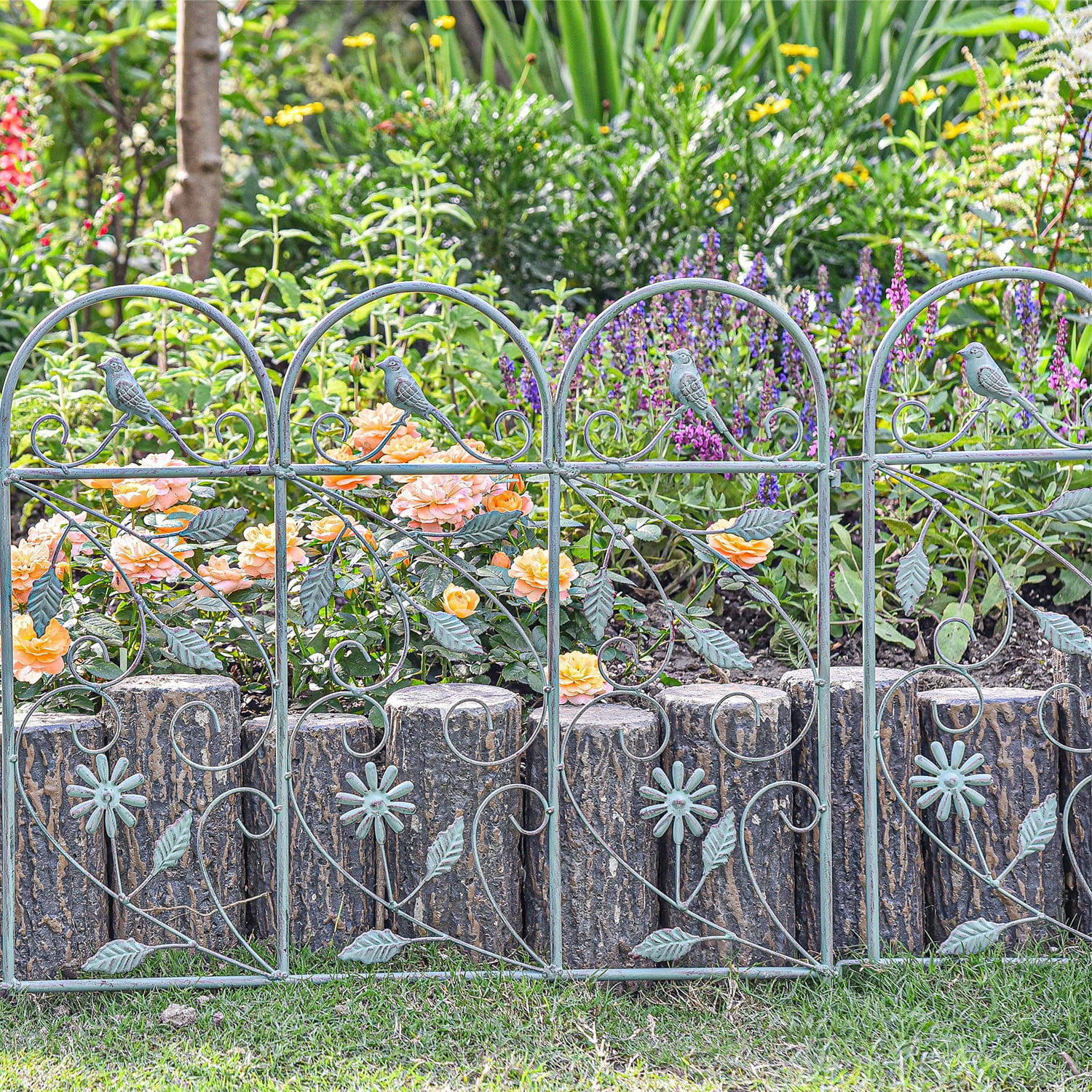 Sungmor Rustic Garden Edging Border, Wrought Iron Picket Fence Panels Decorative Landscape, Green, 4-Piece