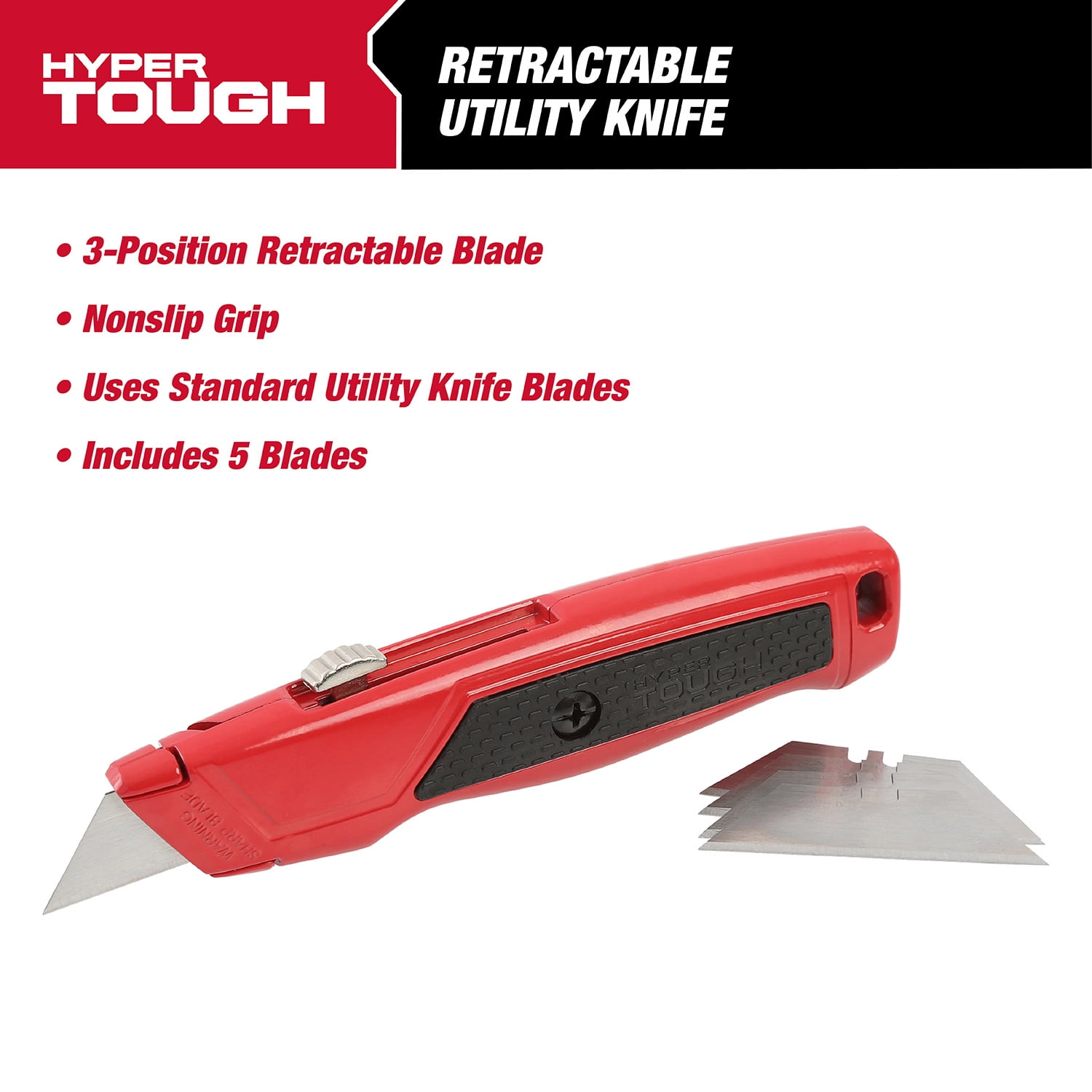 Hyper Tough Retractable Utility Knife with 5 Utility Blades, 3