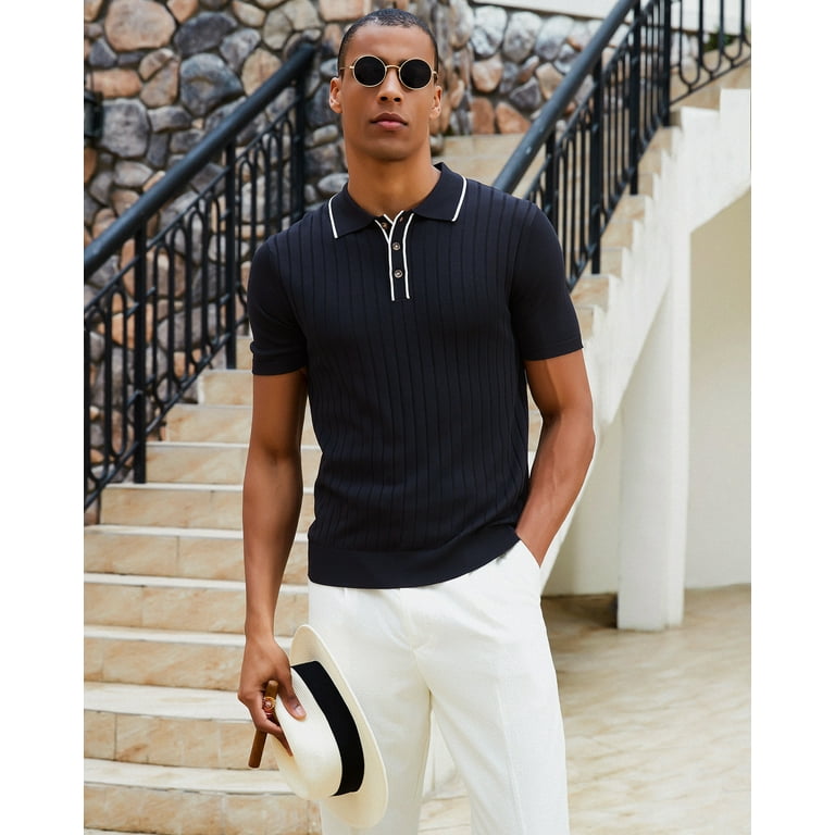 Black Mens Vintage Knit Shirts Kallspin Men's Vintage Knitted Polo