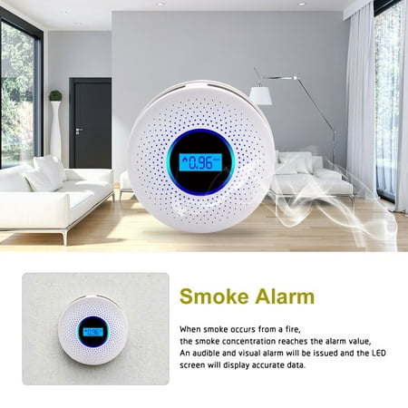 2 in 1 SMT Combination Smoke + CO Carbon Monoxide Alarm IR Photoelectric Smoke Fire Gas Sensor Alarm Detector Sound Light Combo Sensor Tester Battery Operated with Digital (Best Co Detector For Home Use)