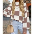 thumbnail image 5 of Women'S Fall Fashion Roll-Neck Long Sleeve Plaid Ribbed Knit Loose Pullover Sweater Tops Lotus Pink Checkered M, 5 of 9